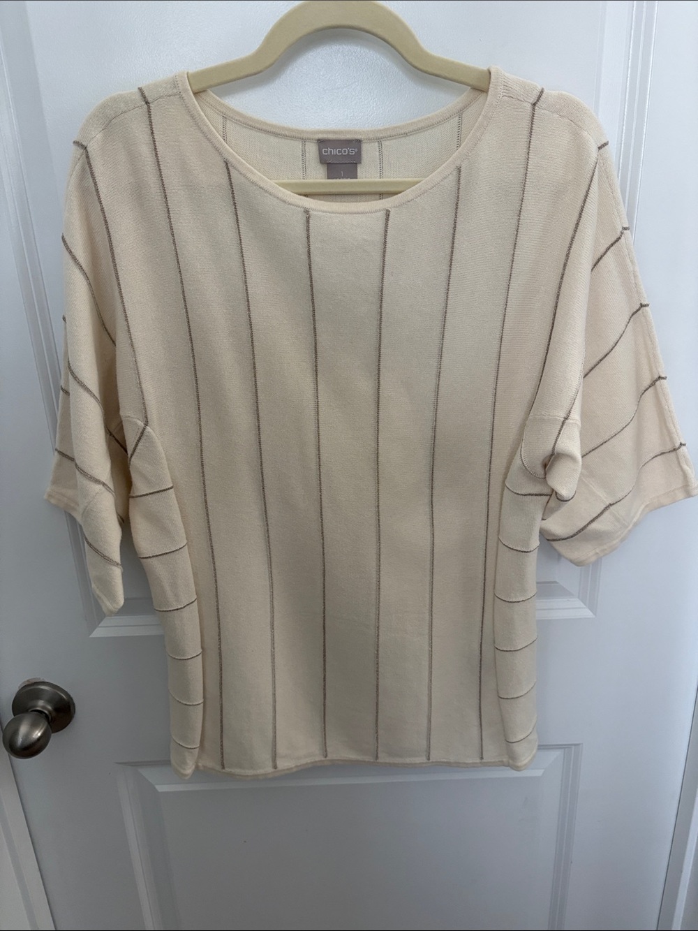Chico's Cream Short Sleeve Knit Top with Thin Vertical Stripes
